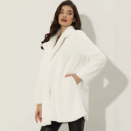 Damen Midilanger Kunstpelz‑Mantel mit softem Schalkragen und Eingrifftaschen Shop Nory