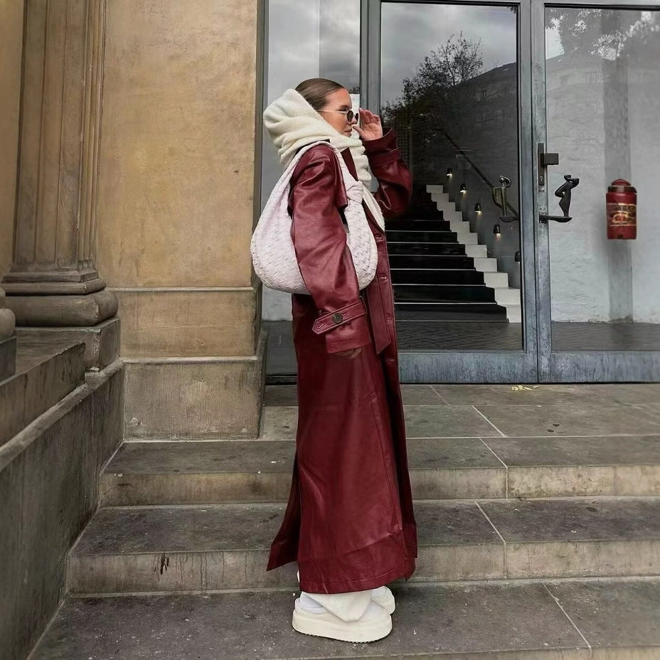 Damen Langer Kunstleder‑Trenchcoat mit Taillengürtel, weitem Revers und wasserabweisender Oberfläche Shop Nory