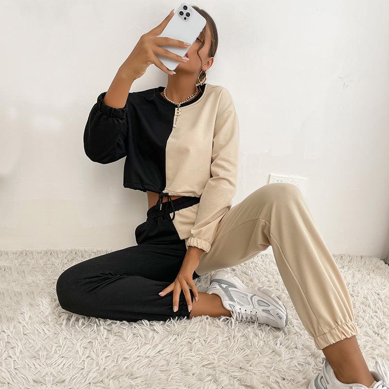 Damen Zweiteiliges Cropped-Lounge-Set mit Farbblock-Optik, Kordelzug und Jogger Shop Nory