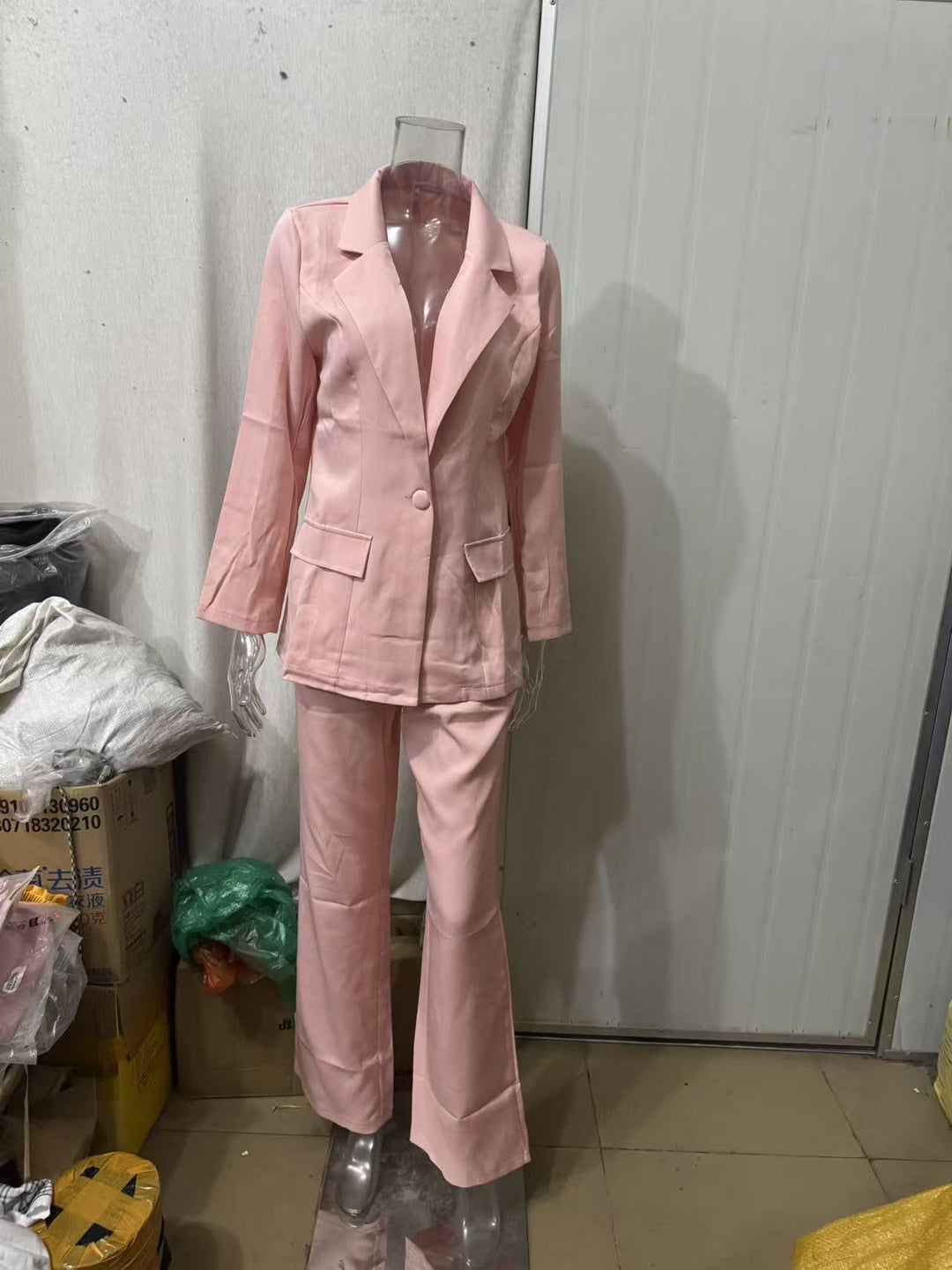 Damen nan eleganter Longline-Blazer mit tiefem V-Ausschnitt und weitem Palazzo-Hosenanzug Shop Nory