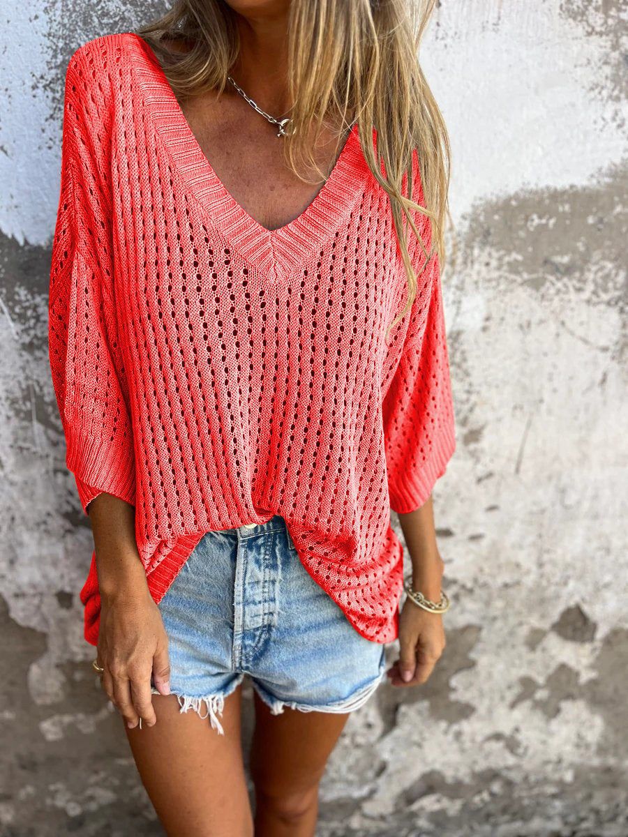 Damen nan luftig gestrickter V-Ausschnitt Pullover im Oversize-Schnitt Shop Nory
