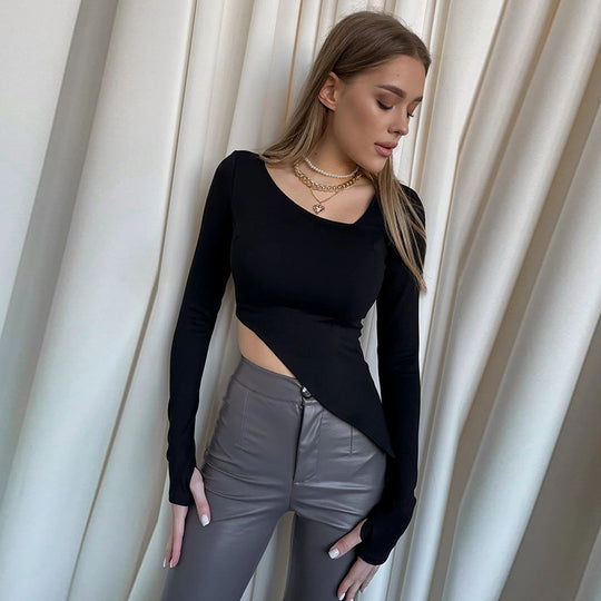Damen Asymmetrisches tailliertes Cut-Out-Crop-Top mit langen Ärmeln Shop Nory
