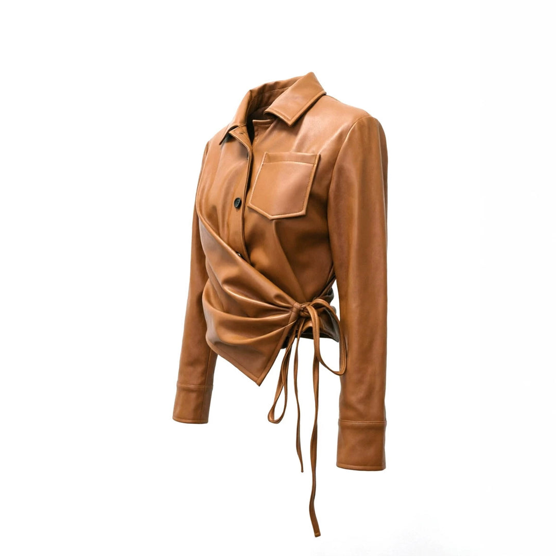 Damen Taillierte Wickeljacke aus Lederoptik mit Bindegürtel und Hemdkragen Shop Nory