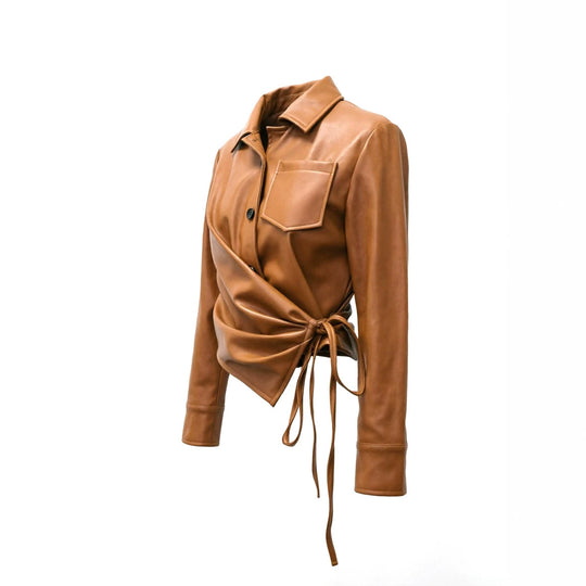 Damen Taillierte Wickeljacke aus Lederoptik mit Bindegürtel und Hemdkragen Shop Nory