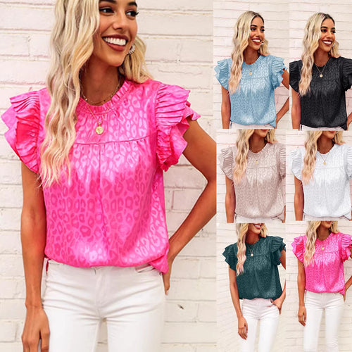 Damen Satinbluse mit Jacquard-Leoprint und gestuften Plissee-Volantärmeln Shop Nory
