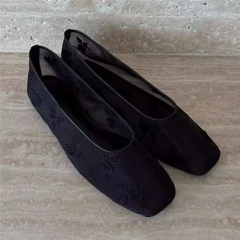 Damen Florale bestickte Ballerina-Slipper mit quadratischer Zehenbox und Mesh-Oberschuh Shop Nory