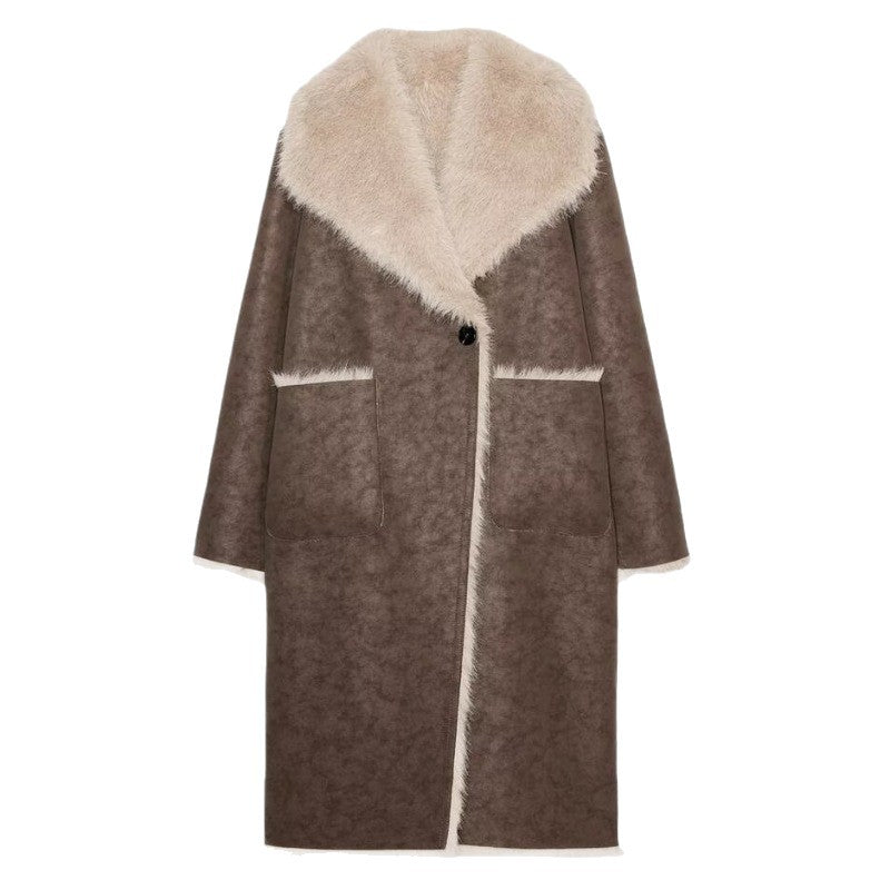 Damen Langer Kunstfell-Shearlingmantel mit übergroßem Schalkragen und aufgesetzten Taschen Shop Nory