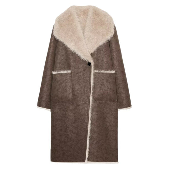 Damen Langer Kunstfell-Shearlingmantel mit übergroßem Schalkragen und aufgesetzten Taschen Shop Nory