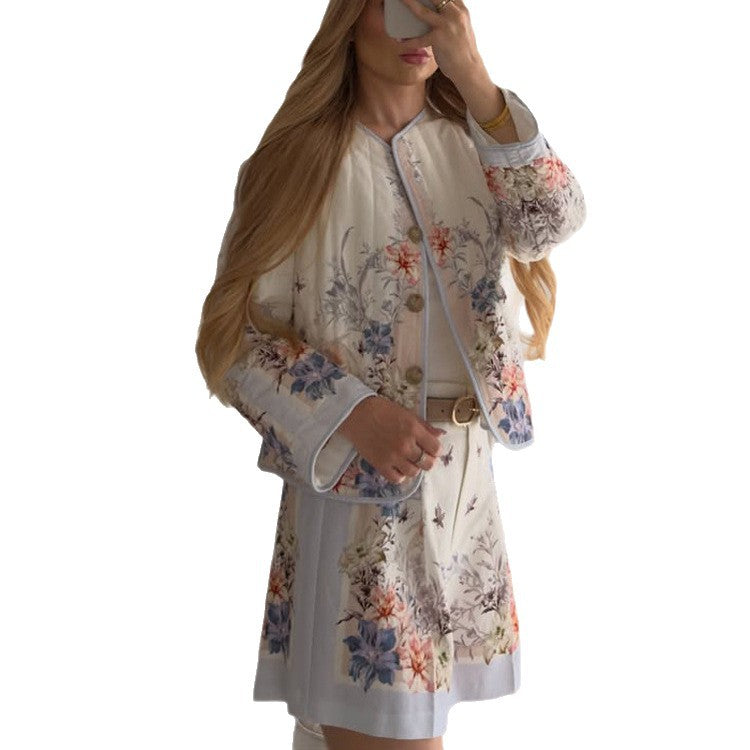 Damen Zweiteiliges florales Bouclé-Jacken- und Faltenminirock-Set Shop Nory