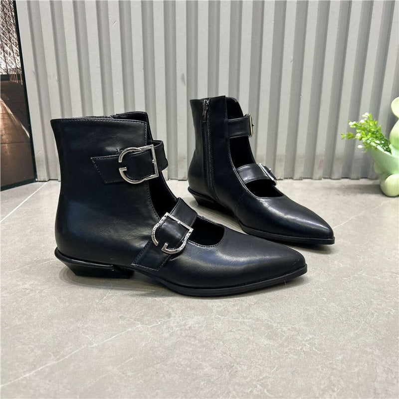 Damen Spitz zulaufende Ankle-Boots mit Doppelriemen, Schnallen und niedrigem Blockabsatz Shop Nory