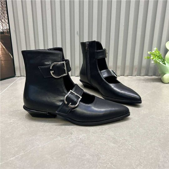 Damen Spitz zulaufende Ankle-Boots mit Doppelriemen, Schnallen und niedrigem Blockabsatz Shop Nory