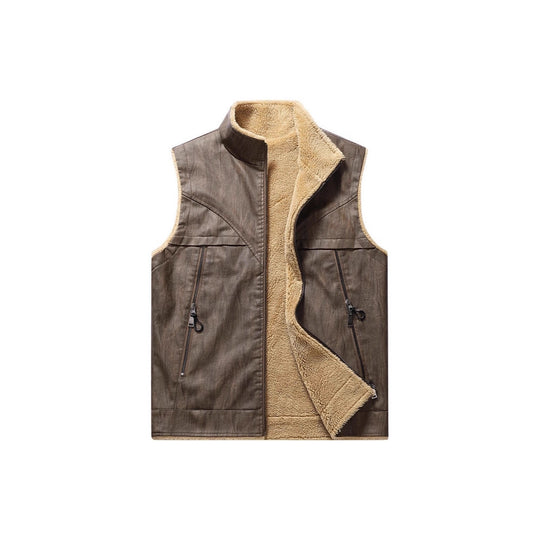 Herren Ärmellose Kunstleder-Teddyweste mit Stehkragen und Reißverschlusstaschen Shop Nory
