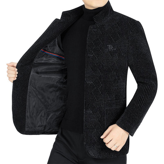 Herren Moderner Stehkragen-Blazer im Bouclé-Look mit feiner geometrischer Struktur Shop Nory