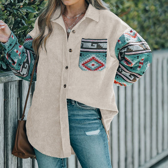 Damen Cord‑Hemdenjacke mit gemusterten Strickärmeln und aufgesetzter Brusttasche Shop Nory