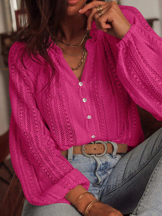 Damen Häkelbluse mit Knopfleiste und Ballonärmeln Shop Nory