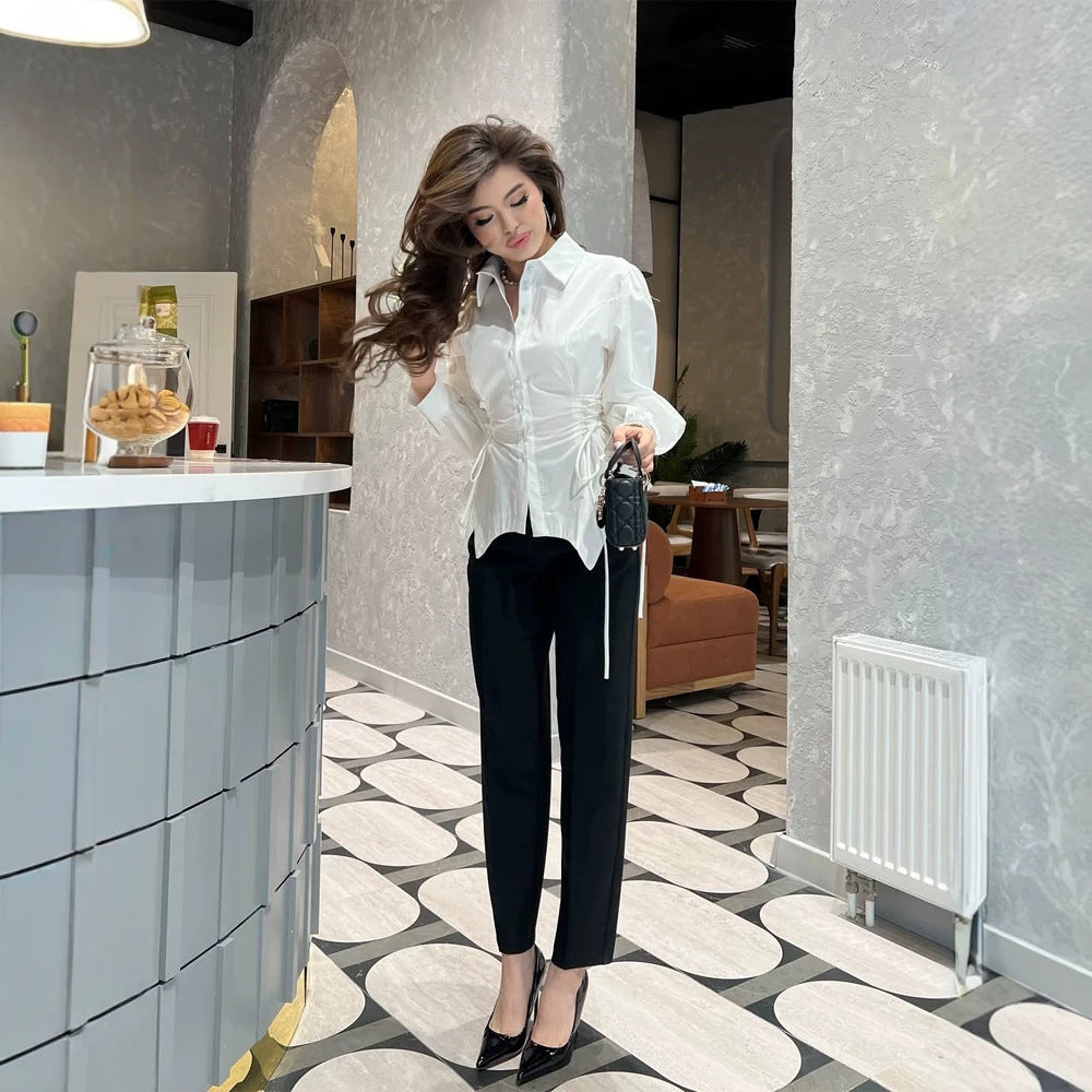 Damen Taillierte Hemdbluse mit Kordelzug‑Taille & extra langen Manschetten Shop Nory