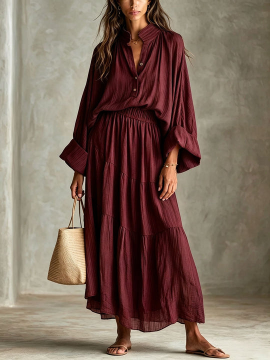 Damen Maxikleid mit geraffter Taille, Stehkragen und voluminösen Ballonärmeln Shop Nory