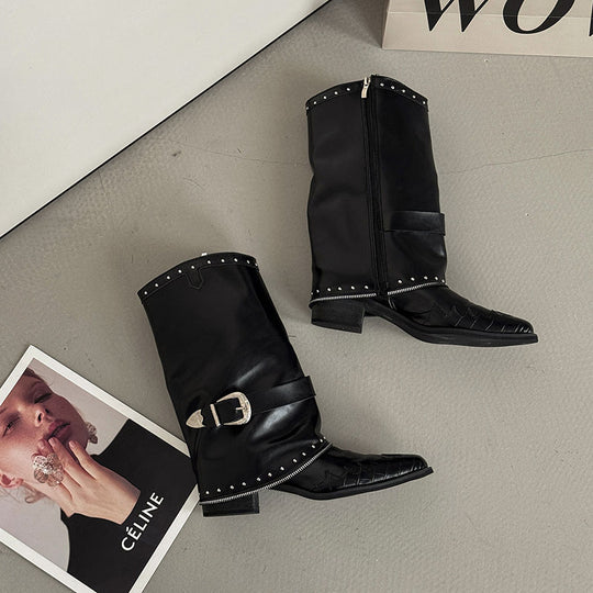 Damen Biker‑Western Midcalf‑Stiefel mit Ziernieten, Schnallenriemen und geprägter Zehenkappe Shop Nory