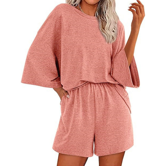 Damen Oversized Fledermaus Kurzarm Lounge Oberteil und Shorts Set mit Elastischem Bund Shop Nory