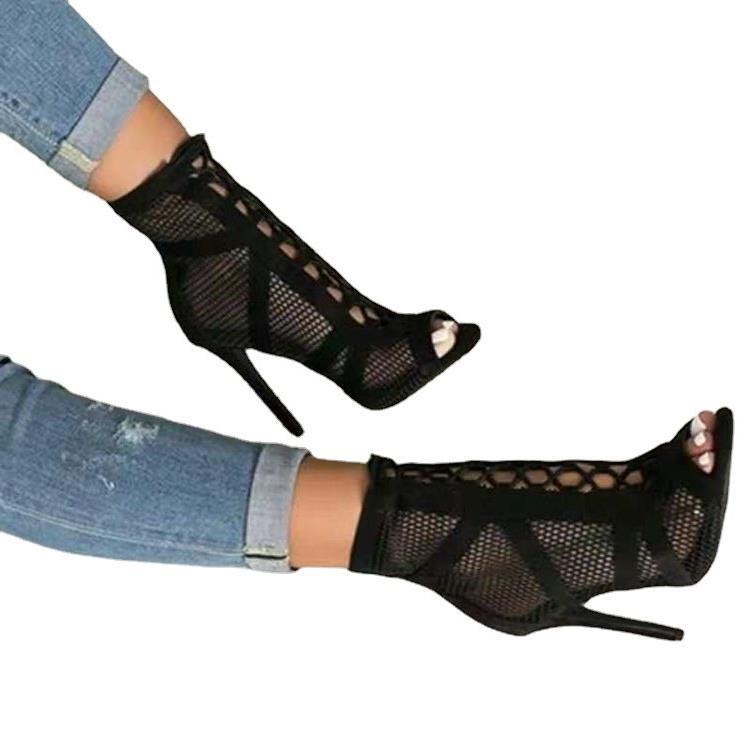 Damen Peeptoe Ankle Boots mit hochmodernem Netzdesign und elegantem Blockabsatz
