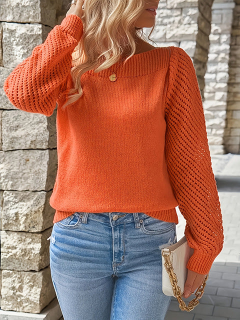 Damen nan feiner Strickpullover mit Ajour- Puffärmeln und U-Boot-Ausschnitt Shop Nory