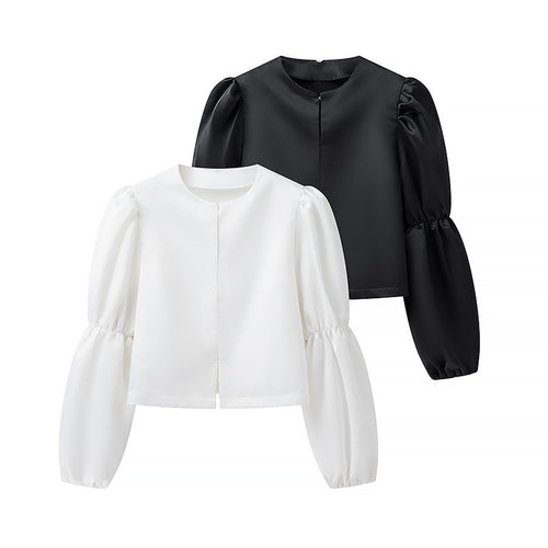 Damen Glänzende Satin‑Bluse mit voluminösen Puffärmeln Shop Nory