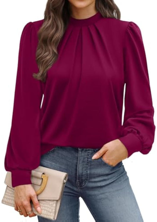 Damen Langärmelige Satinbluse mit Stehkragen, Brustfalten und gerippten Bündchen Shop Nory