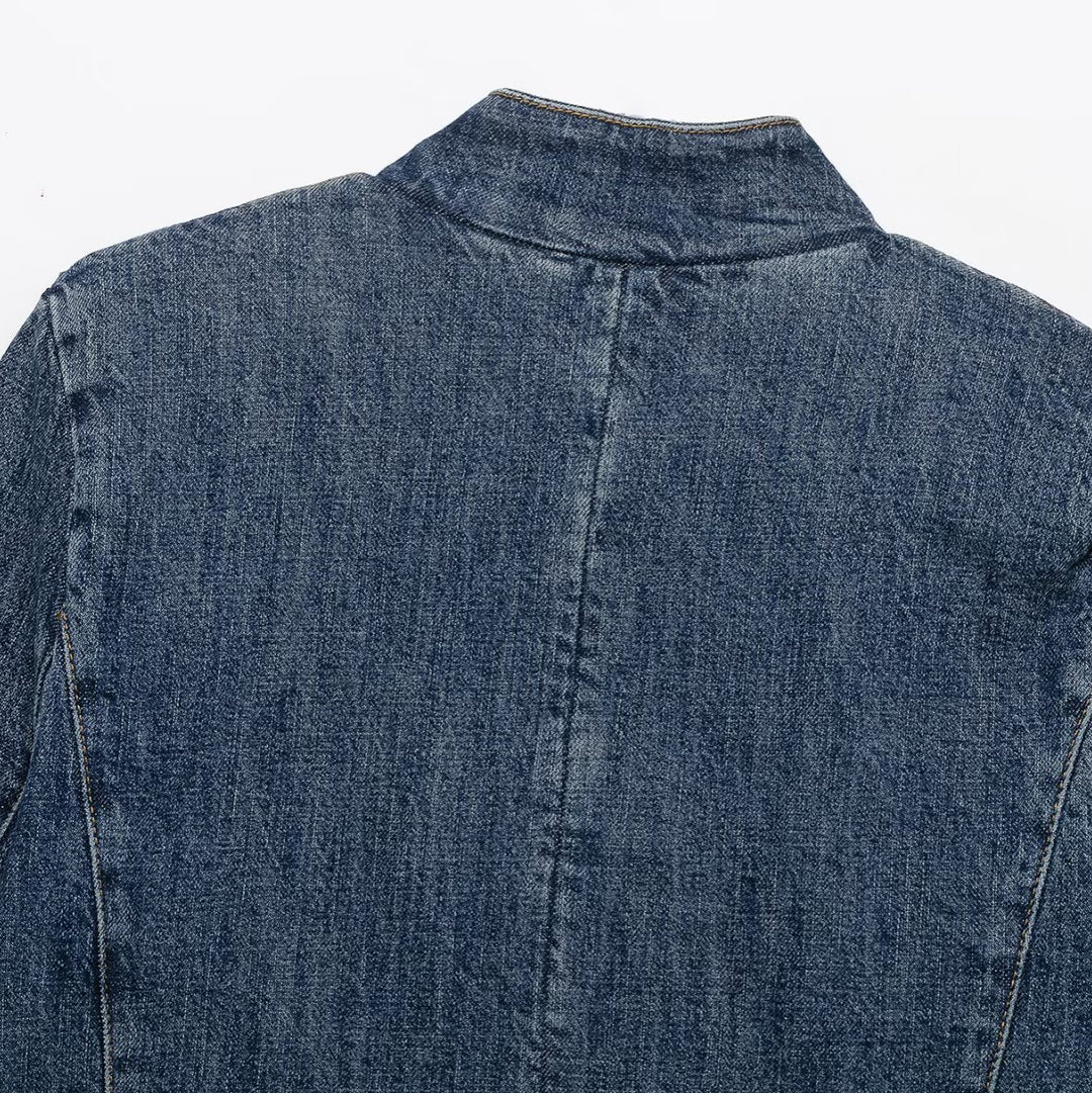 Damen Cropped Jeansjacke im Boxy-Cut mit Stehkragen und verdeckter Knopfleiste Shop Nory