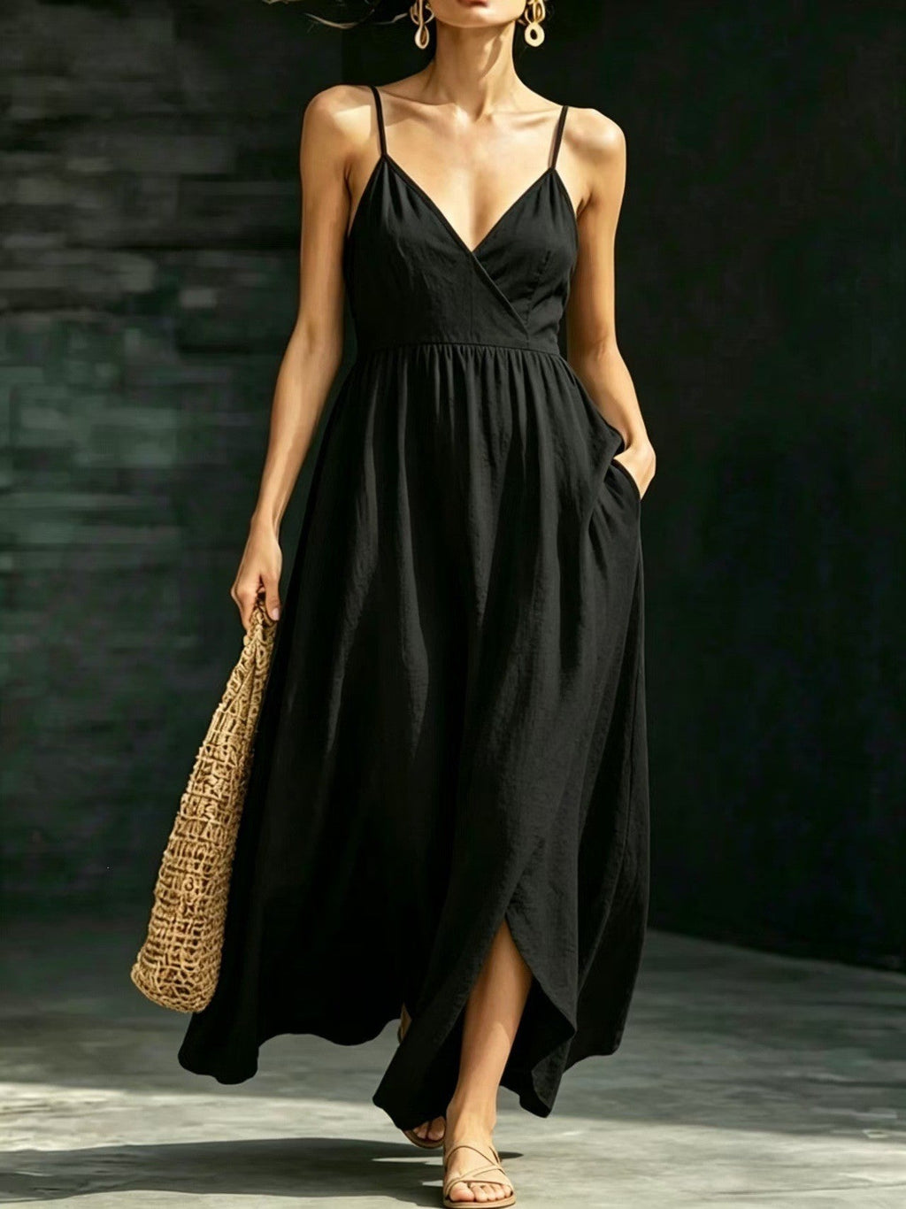 Damen Sommerkleid Midikleid Spaghettiträger V-Ausschnitt