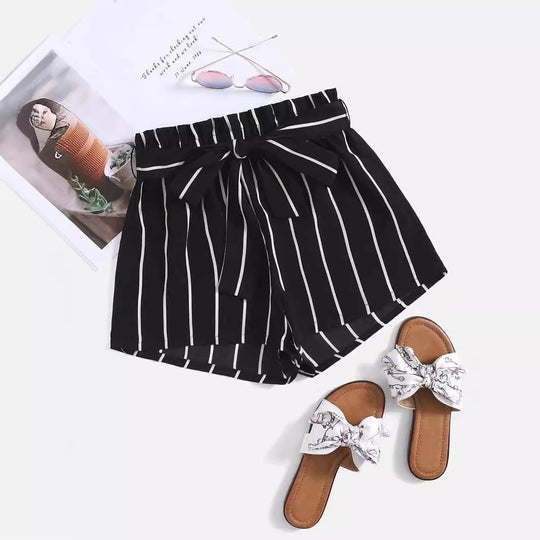 Damen gestreifte Freizeit-Shorts mit elastischem Bund und Bindegürtel