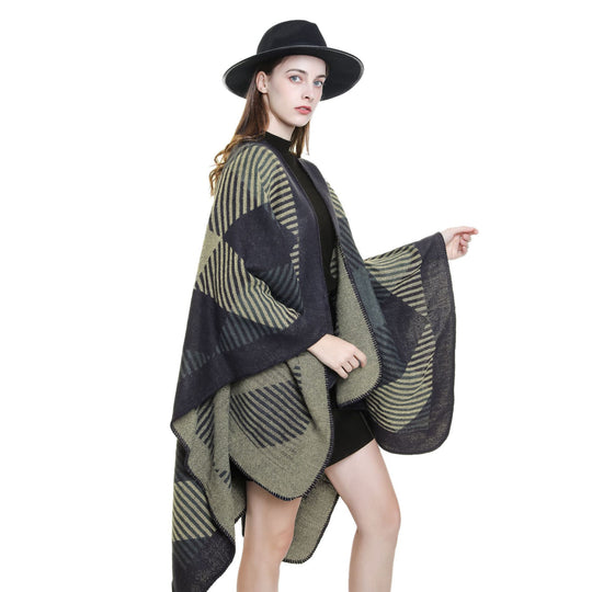 Damen Umhangponcho aus Wollmix mit geometrischem Streifen-Jacquard und offener Kantennaht Shop Nory