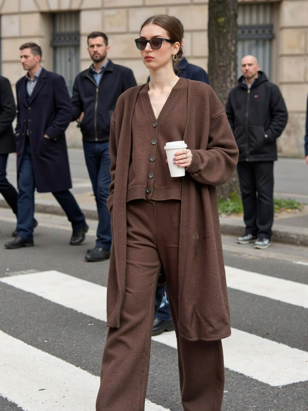 Damen Oversize Strick-Set mit Longcardigan, Knopf-Weste und weiten Hosen Shop Nory