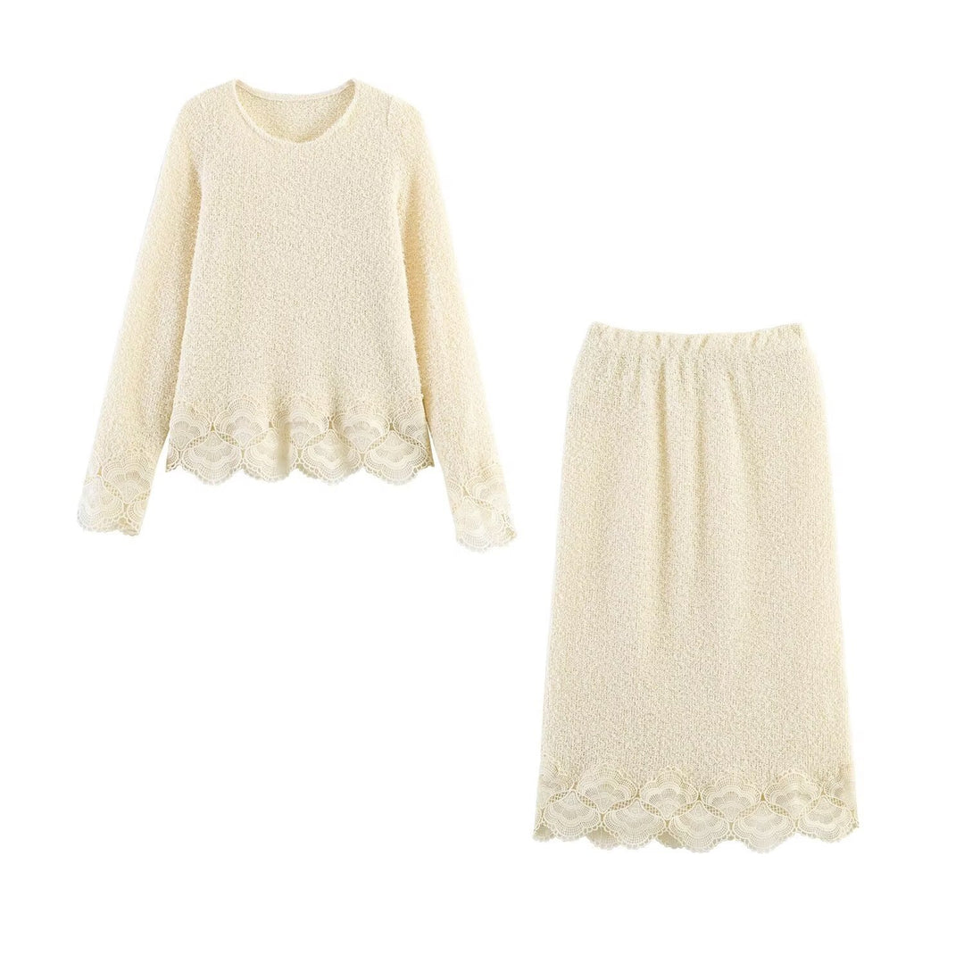 Damen Bouclé-Strickpullover mit Spitzenbesatz und gewelltem Saum Shop Nory