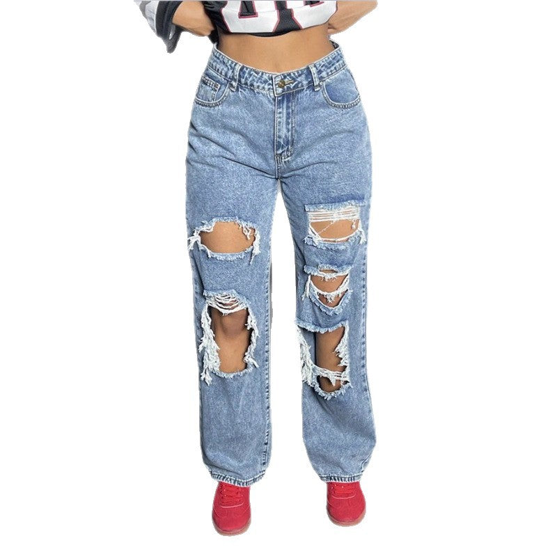 Damen Hochtaillierte Destroyed Baggy-Jeans mit weitem Bein und Knie‑Rips Shop Nory