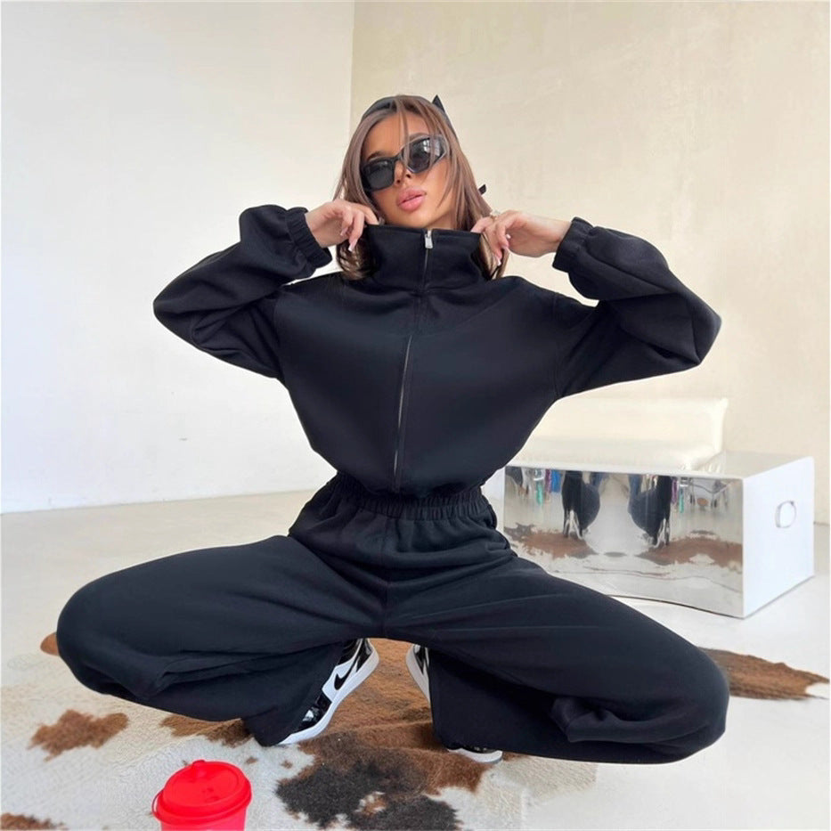 Damen Relaxed-Loungewear-Set mit Halbzip-Stehkragen und hochtaillierter Weitbein-Jogginghose Shop Nory