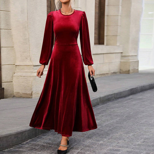 Damen elegantes Samt-Maxikleid mit taillierter Corsage, langen Ballonärmeln und fließender A-Linien-Rock Shop Nory