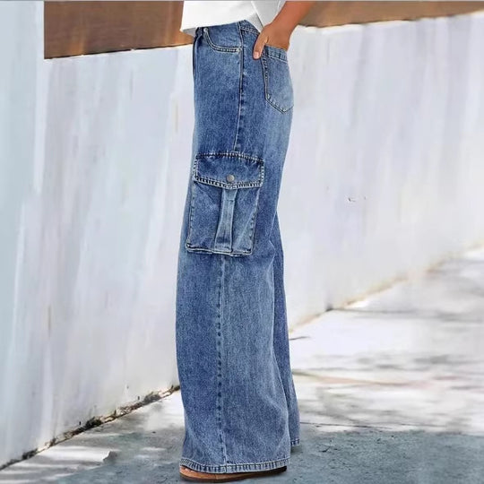 Damen hochtaillierte weite Cargo-Denimhose im Palazzo‑Stil mit aufgesetzten Seitentaschen Shop Nory