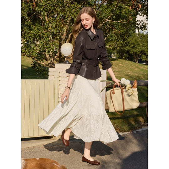 Damen Taillierter Utility-Lederblouson mit Bindegürtel und aufgesetzten Brusttaschen Shop Nory