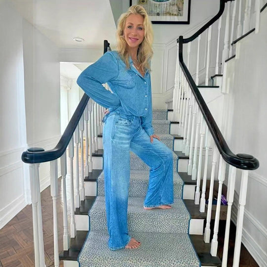 Damen Entspanntes Denim Loungewear-Set mit Übergröße Hemd und Weiten Schlaghosen Shop Nory
