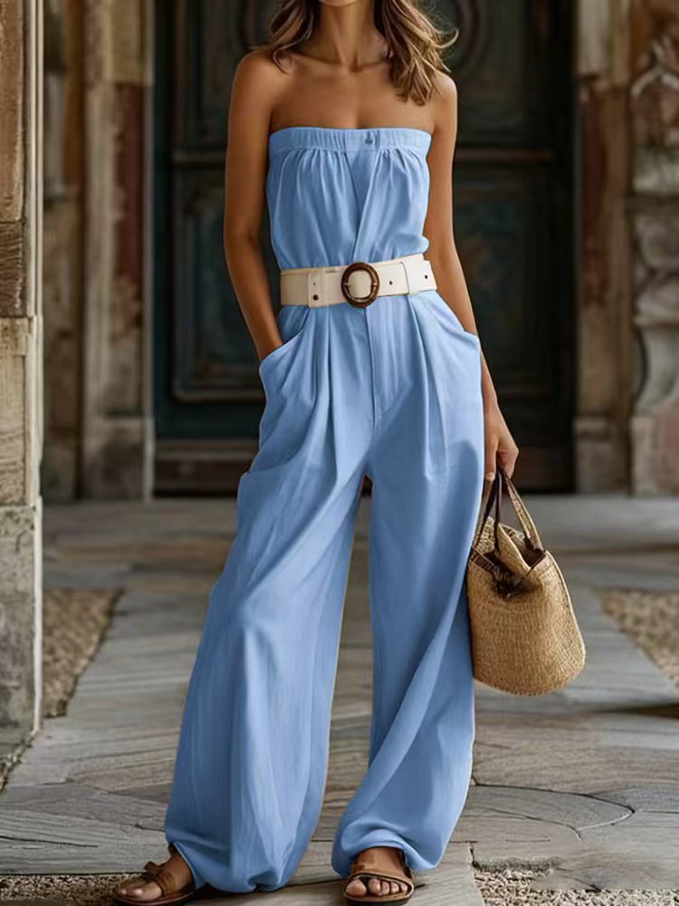 Damen Lässiger Jumpsuit mit Gürtel und weitem Bein Shopnory