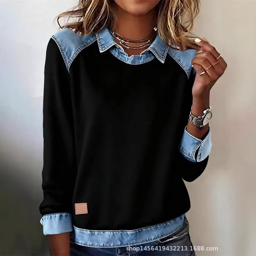 Damen nan gerippter Strickpullover mit Jeanskragen und Knopfleiste Shop Nory