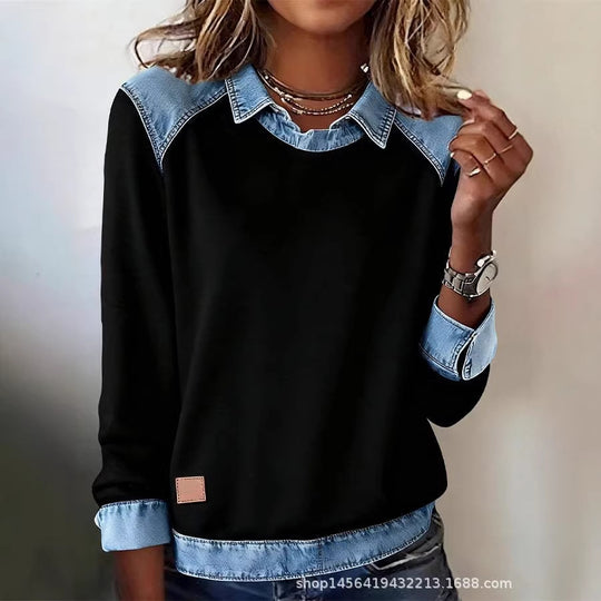 Damen nan gerippter Strickpullover mit Jeanskragen und Knopfleiste Shop Nory