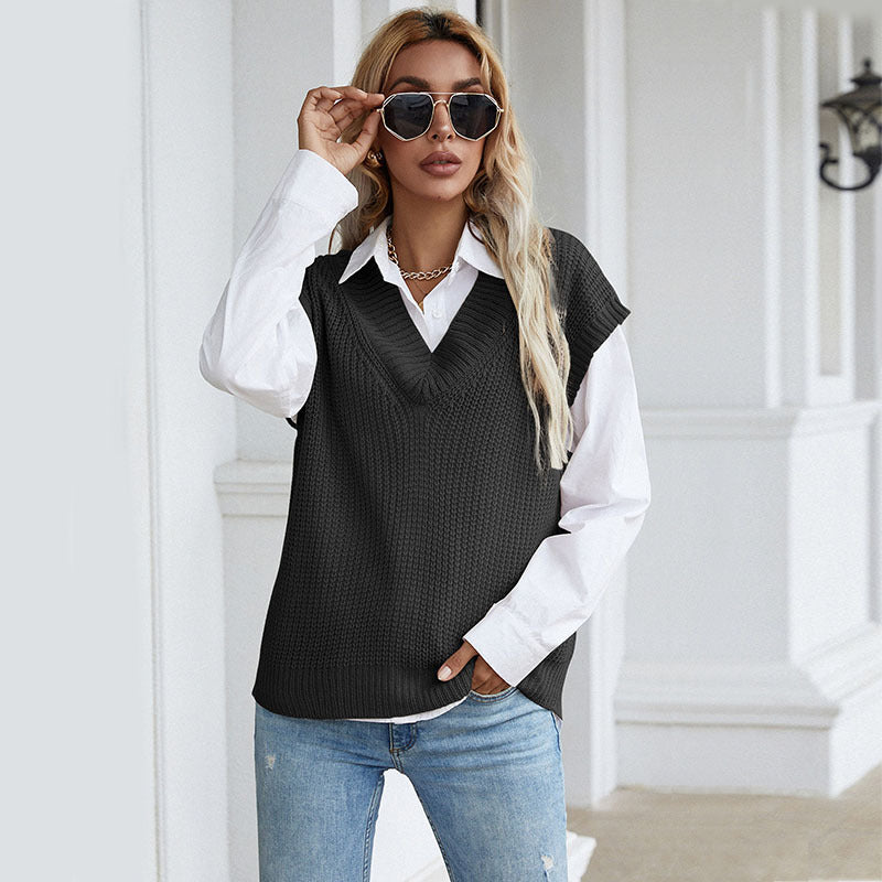 Damen Grobgestrickte Oversize-Weste mit tiefem V‑Ausschnitt und Rippsaum Shop Nory
