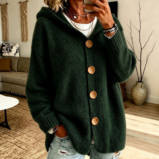 Damen Grobgestrickter Kapuzencardigan mit überlanger Silhouette, Holzknopfleiste und gerippten Bündchen Shop Nory