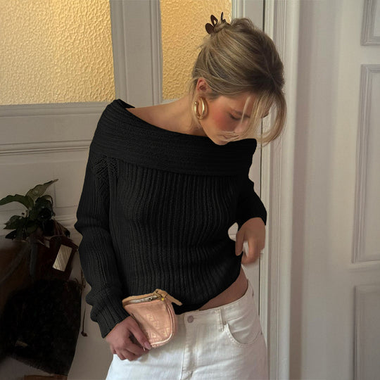 Damen nan Off-Shoulder Rippstrickpullover mit schmaler Silhouette und gerolltem Ausschnitt Shop Nory
