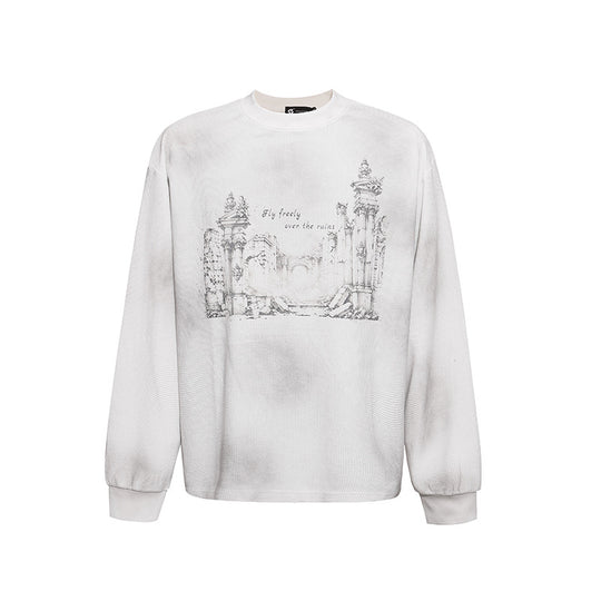Damen Oversize-Sweatshirt mit Waffelstruktur, Rundhalsausschnitt und Ruinen-Skizzenprint Shop Nory