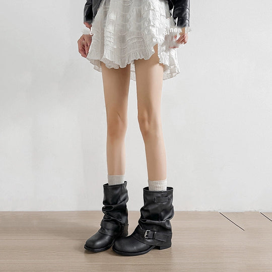 Damen Modische Stiefeletten mit lässigem Falten-Design und eleganter Schnallenverzierung Shopnory