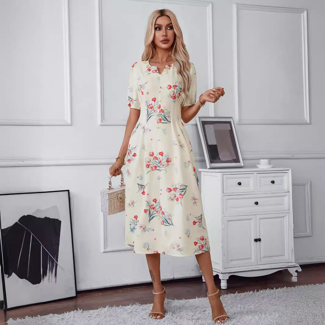 Damen Midikleid mit floralem Print, taillierter Silhouette und Puffärmeln Shop Nory