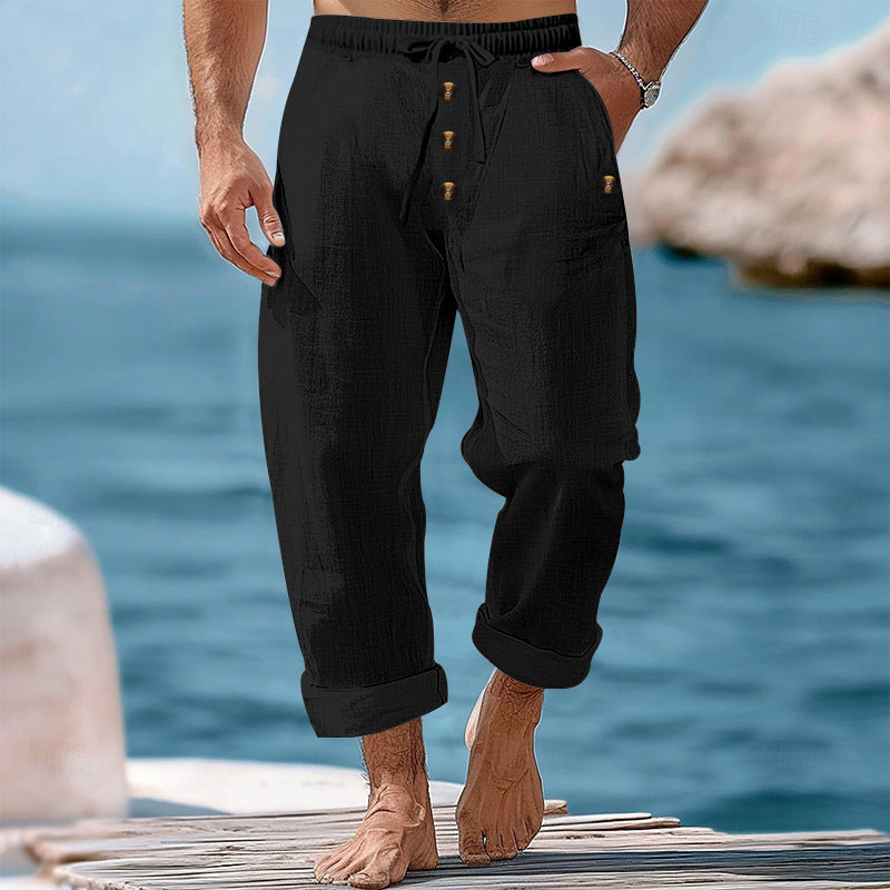 Herren nan lockere Leinen-Baumwoll-Hose mit elastischem Bund, Kordelzug und aufgekrempeltem Saum