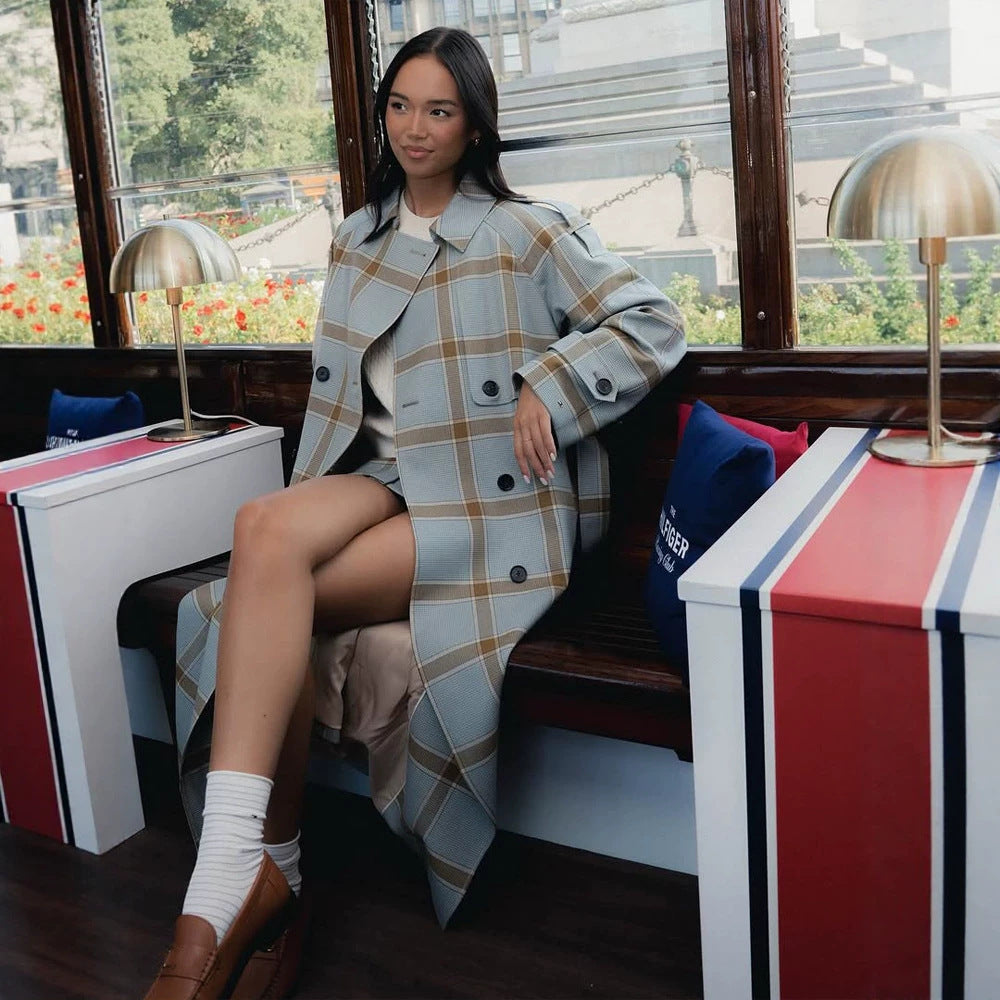 Damen langer kariierter Mantel im Trenchcoat-Stil mit doppelter Knopfleiste Shop Nory
